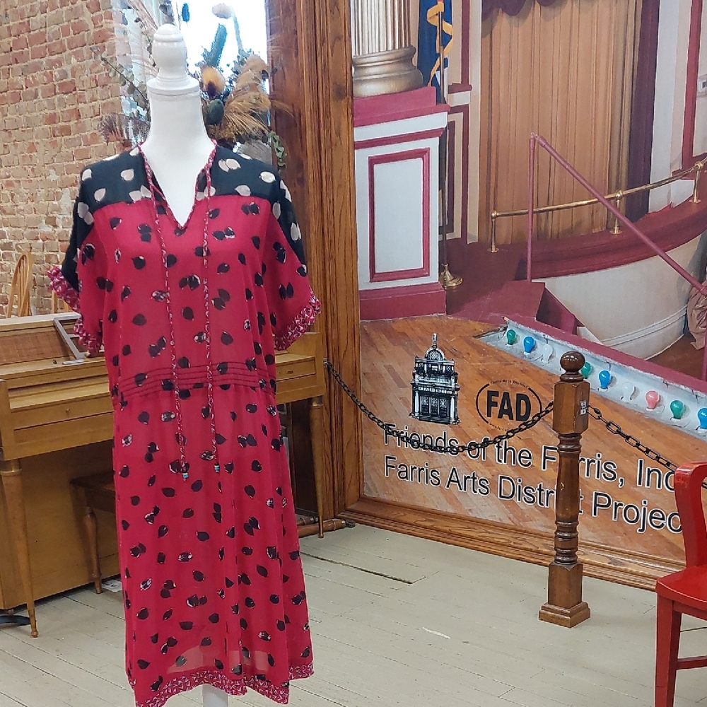 ZiZi by Barbara Chodos vintage sheer Red Black & white Women's Dress EUC FAD